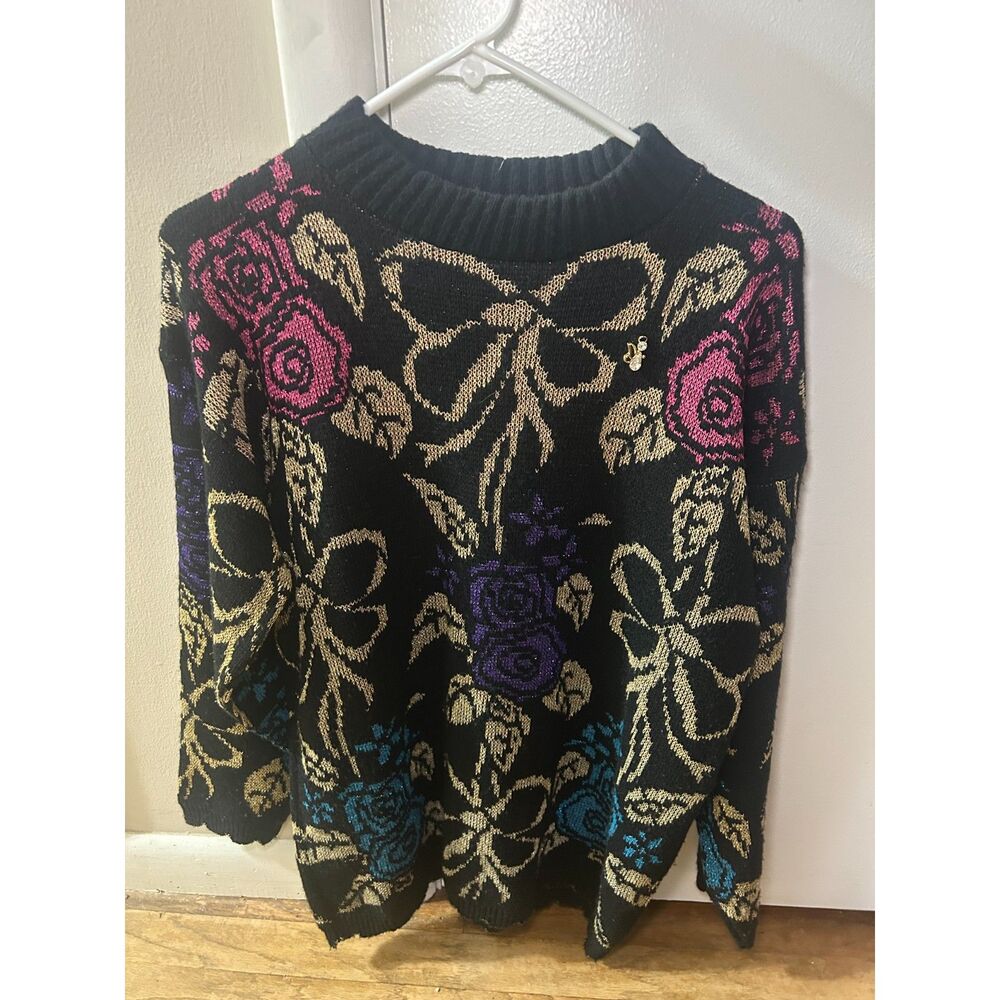 Vintage 80s 90s Metallic Floral Knit Sweater Eclectic Grandpa Oversized Roses